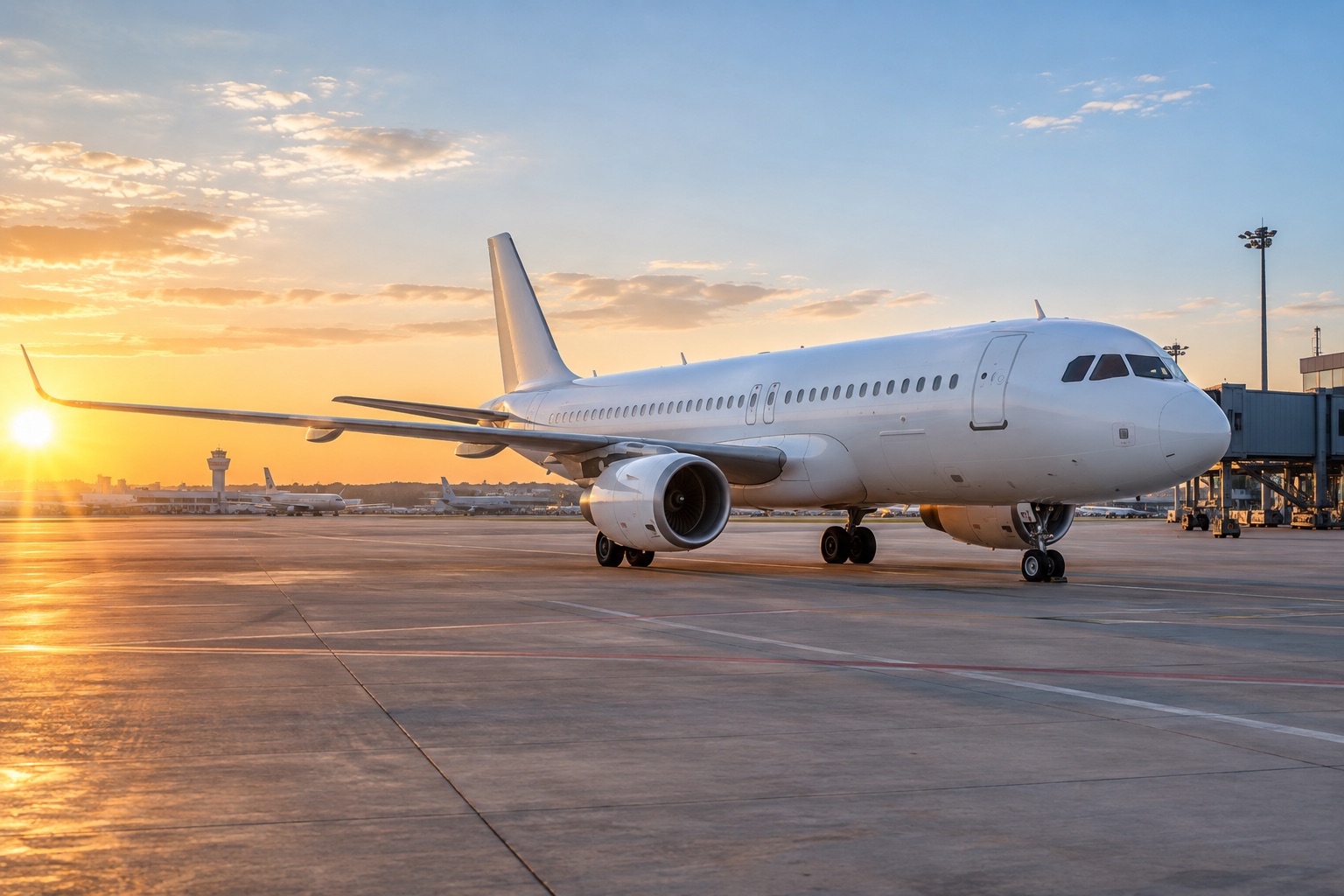 Avião de passageiros no aeroporto ao amanhecer.