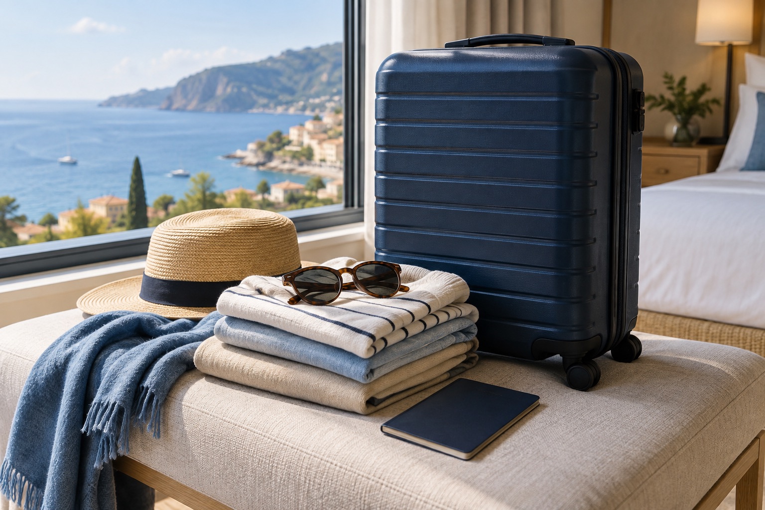 Mala, roupas e itens organizados para uma viagem.