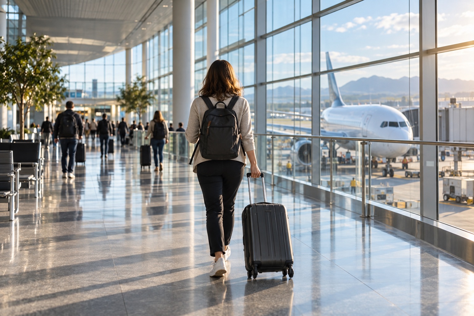 Viajante com mala em um terminal internacional.